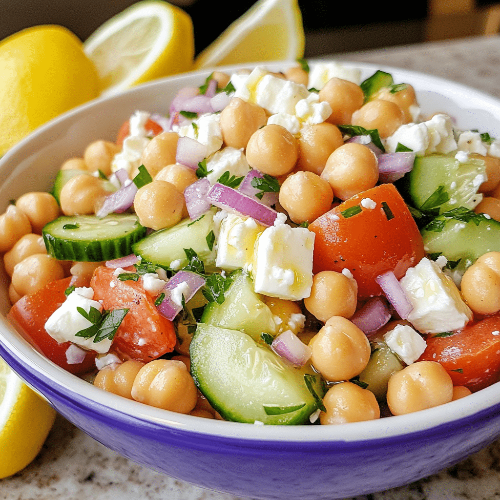 mediterranean chickpea salad with cucumbers tomatoes herbs and feta