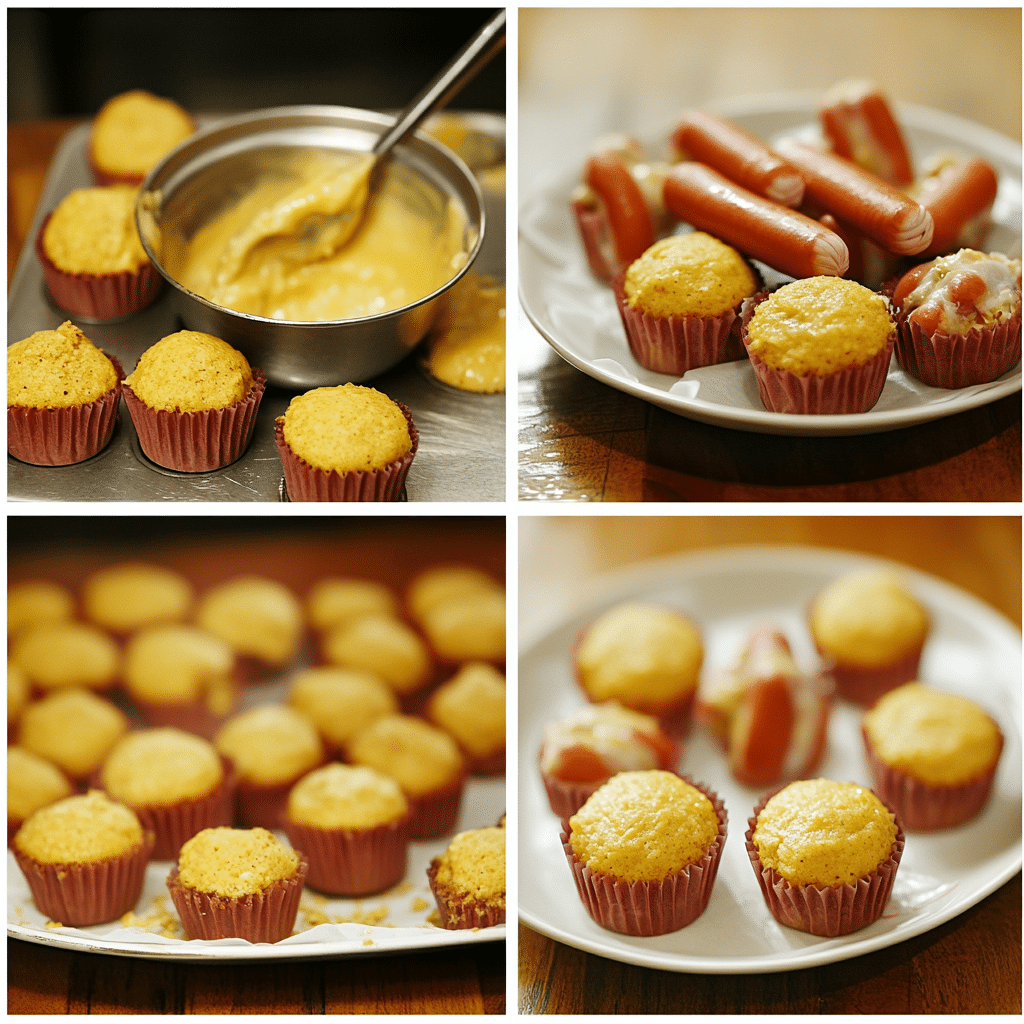 Four panel collage showing mixing batter, adding hot dog pieces, baking muffins, and serving on a plate with sauce