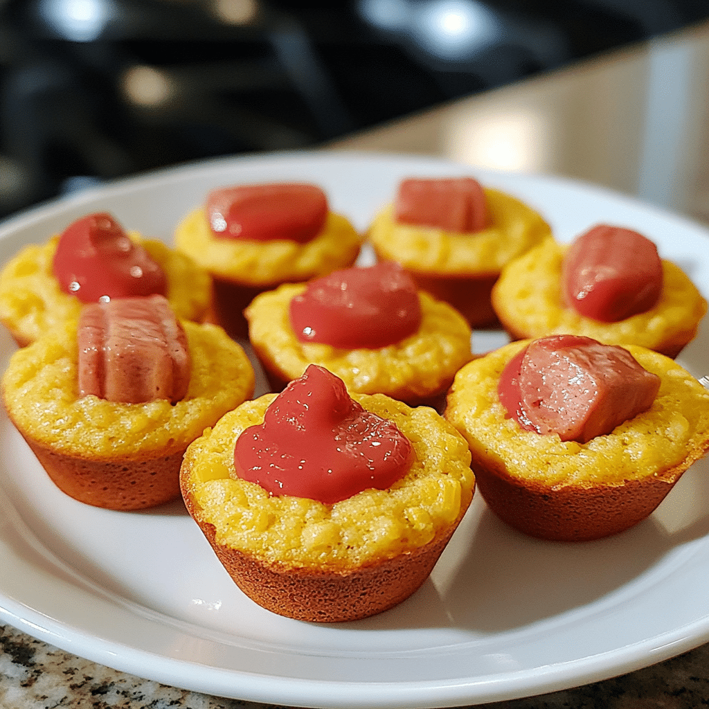 Mini corn dog muffins with turkey hot dog pieces baked inside on a plate with dipping sauce