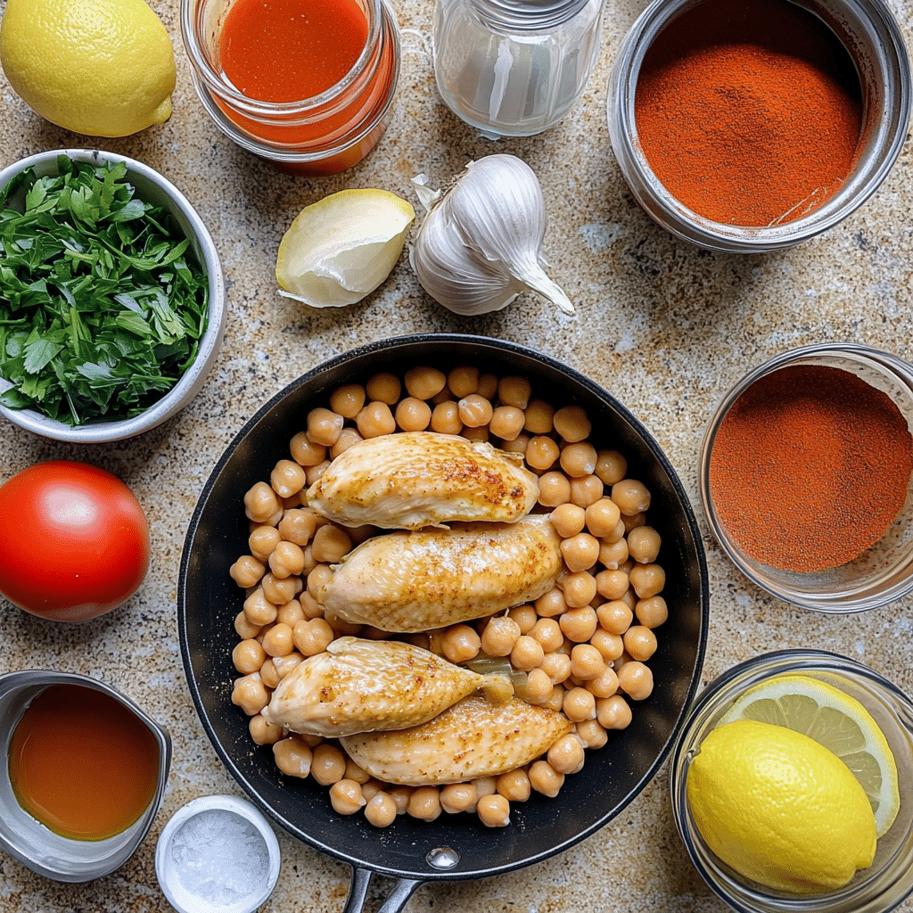 ingredients for moroccan chicken including chicken fillets chickpeas tomatoes spices and lemon