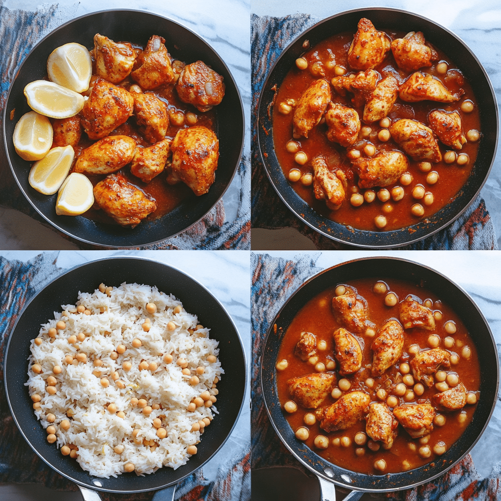four panel collage showing steps to make moroccan chicken