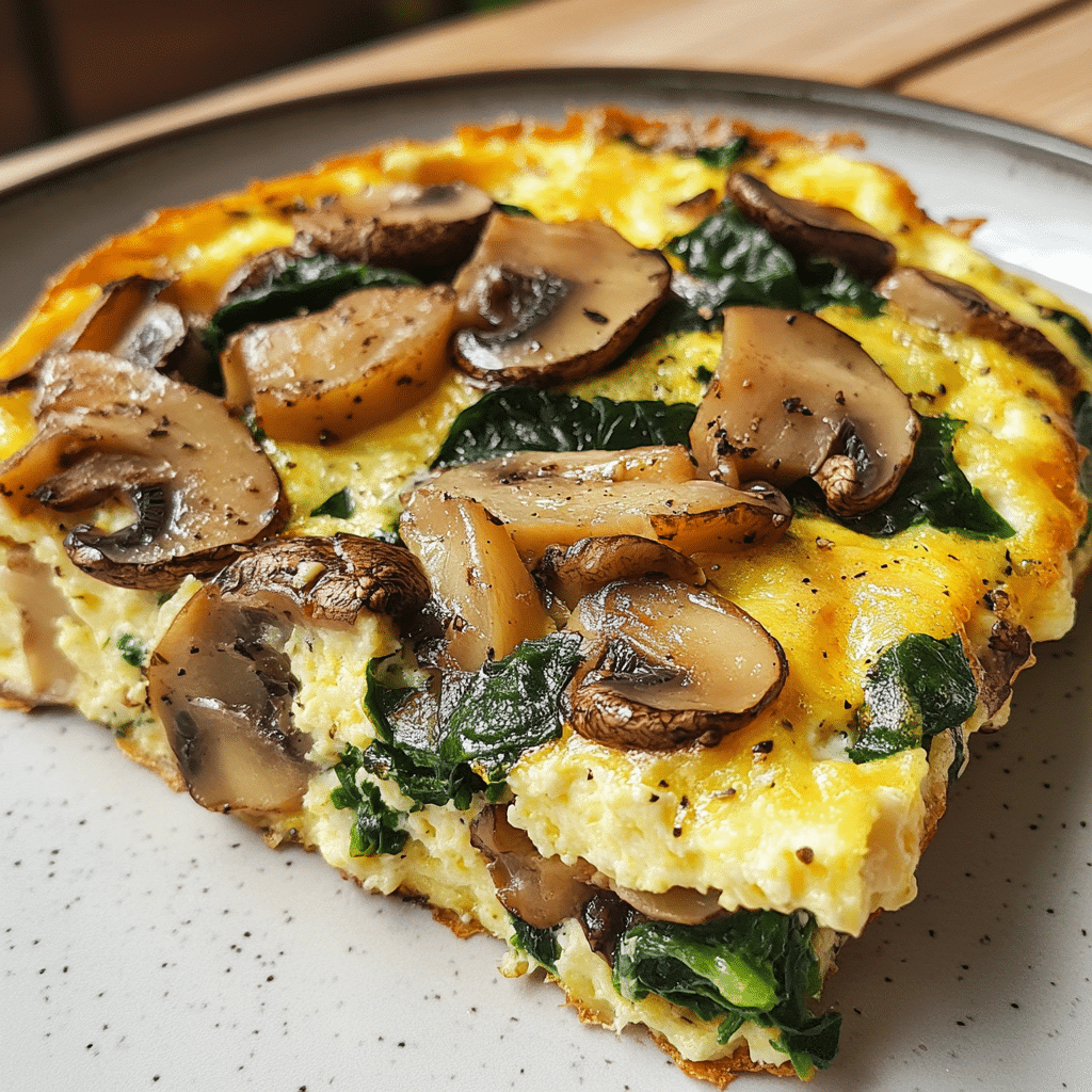 Slice of mushroom spinach frittata on a plate
