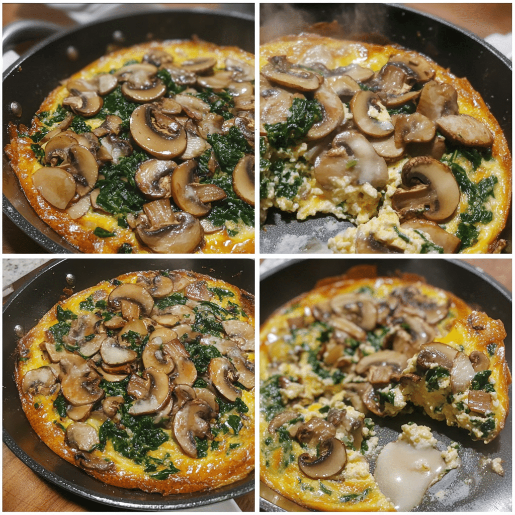 Four panel collage showing sautéing veggies, adding eggs, and baked frittata sliced