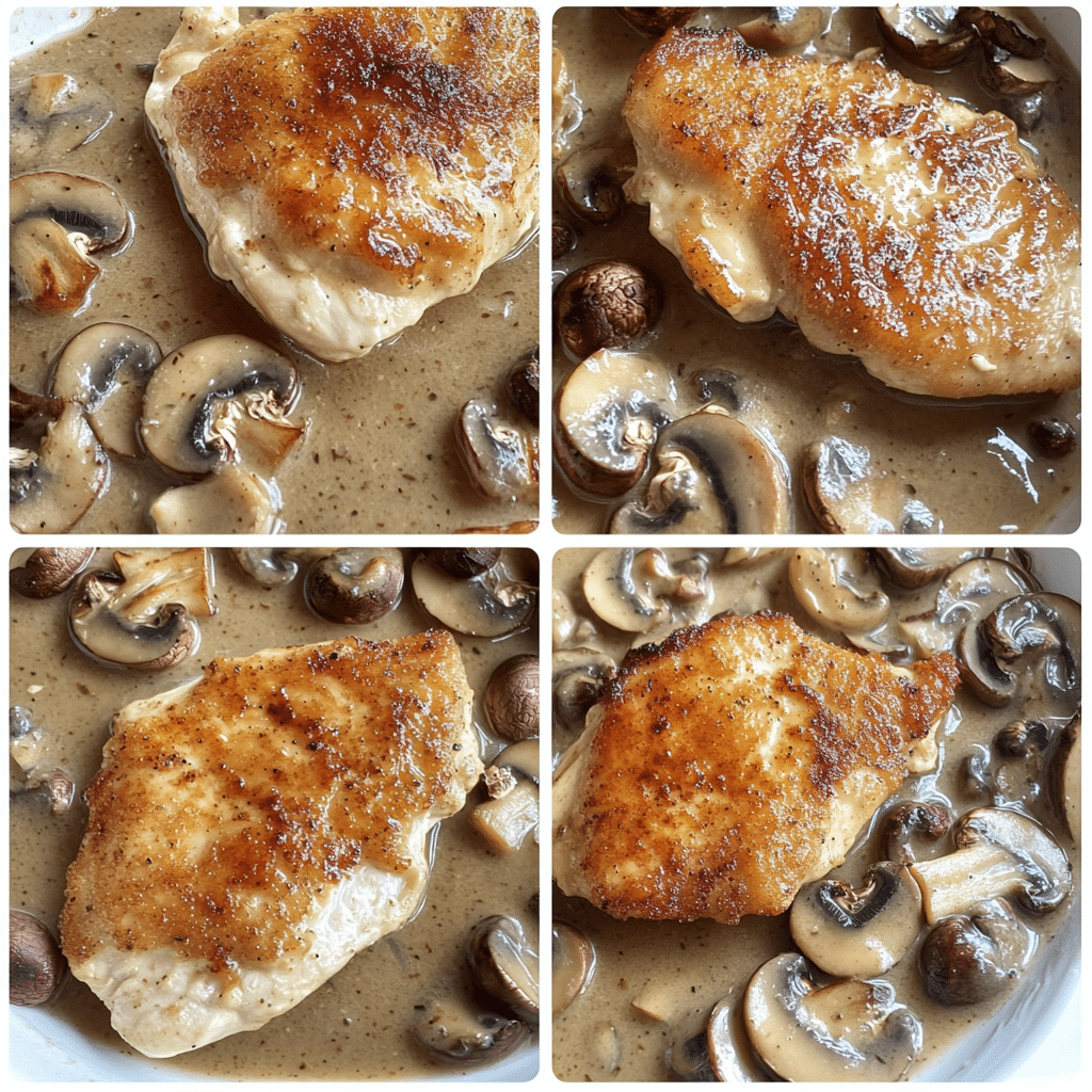 Four panel collage showing dredging and searing chicken, sautéing mushrooms, adding broth, and finishing creamy sauce
