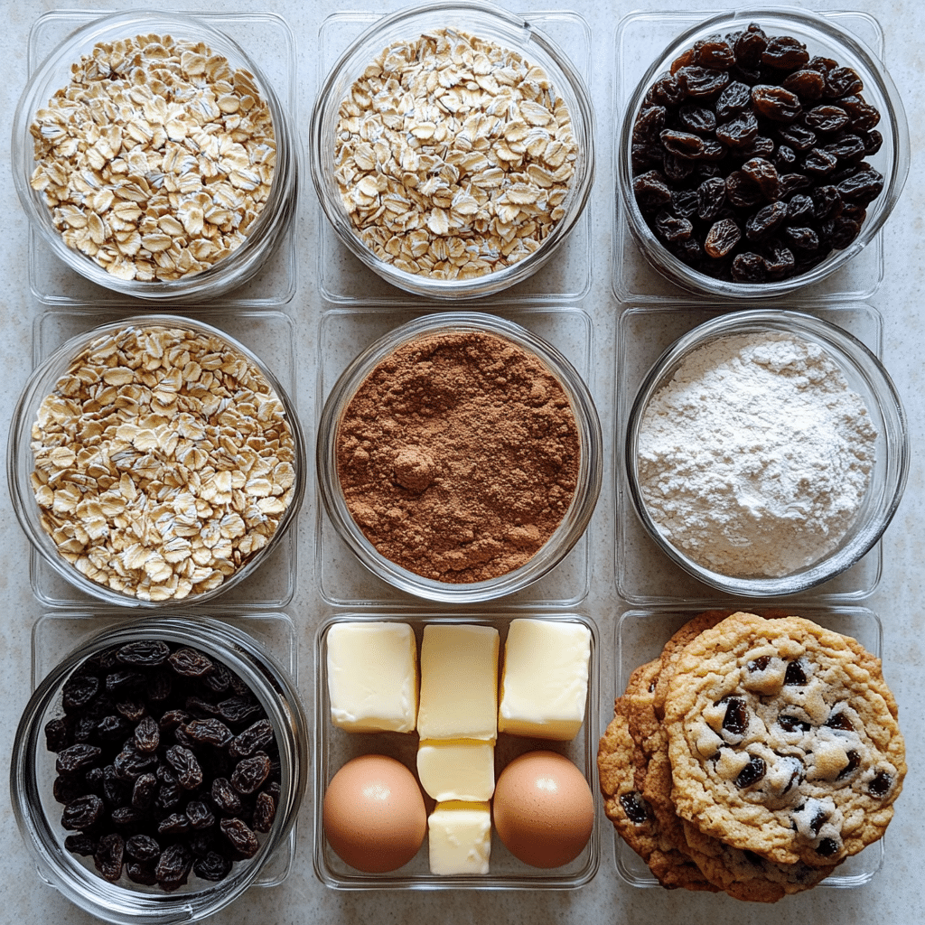 Oats, flour, cinnamon, butter, sugars, eggs, vanilla, and raisins for oatmeal raisin cookies