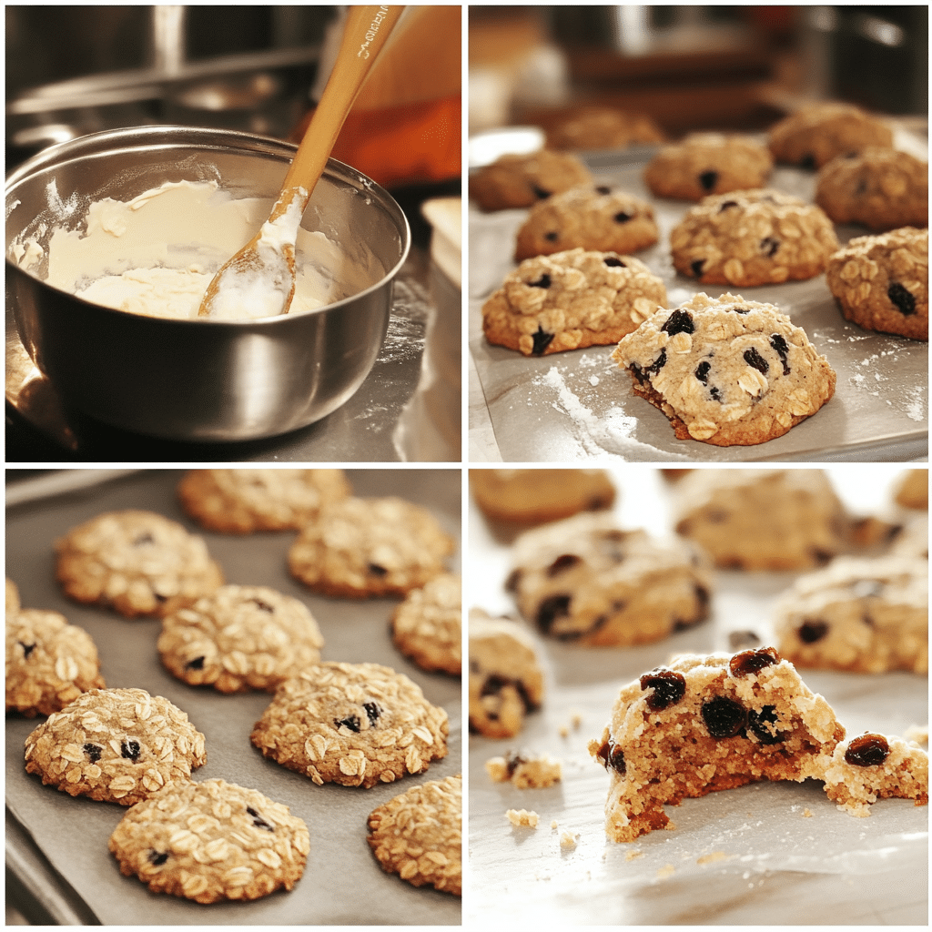 Four panel collage showing mixing and baking oatmeal raisin cookies