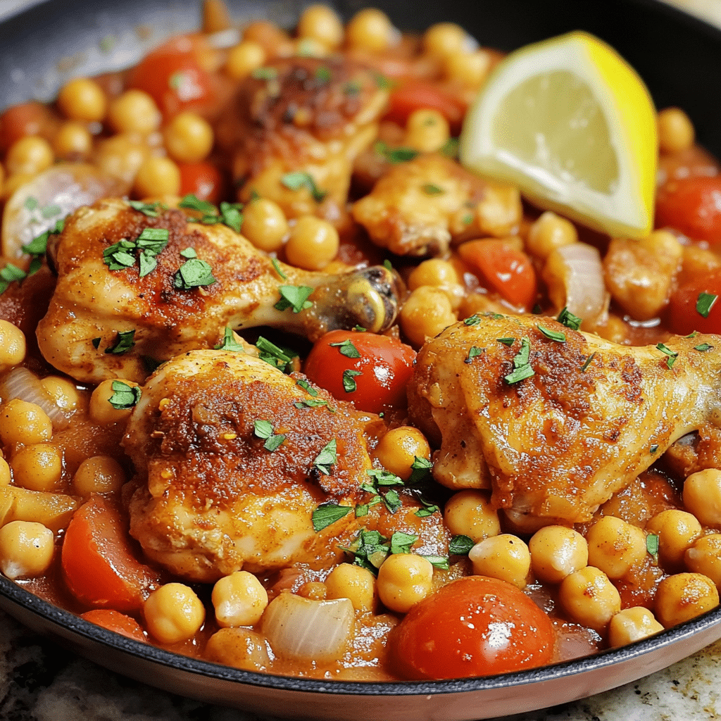 moroccan chicken in skillet with chickpeas tomatoes and herbs