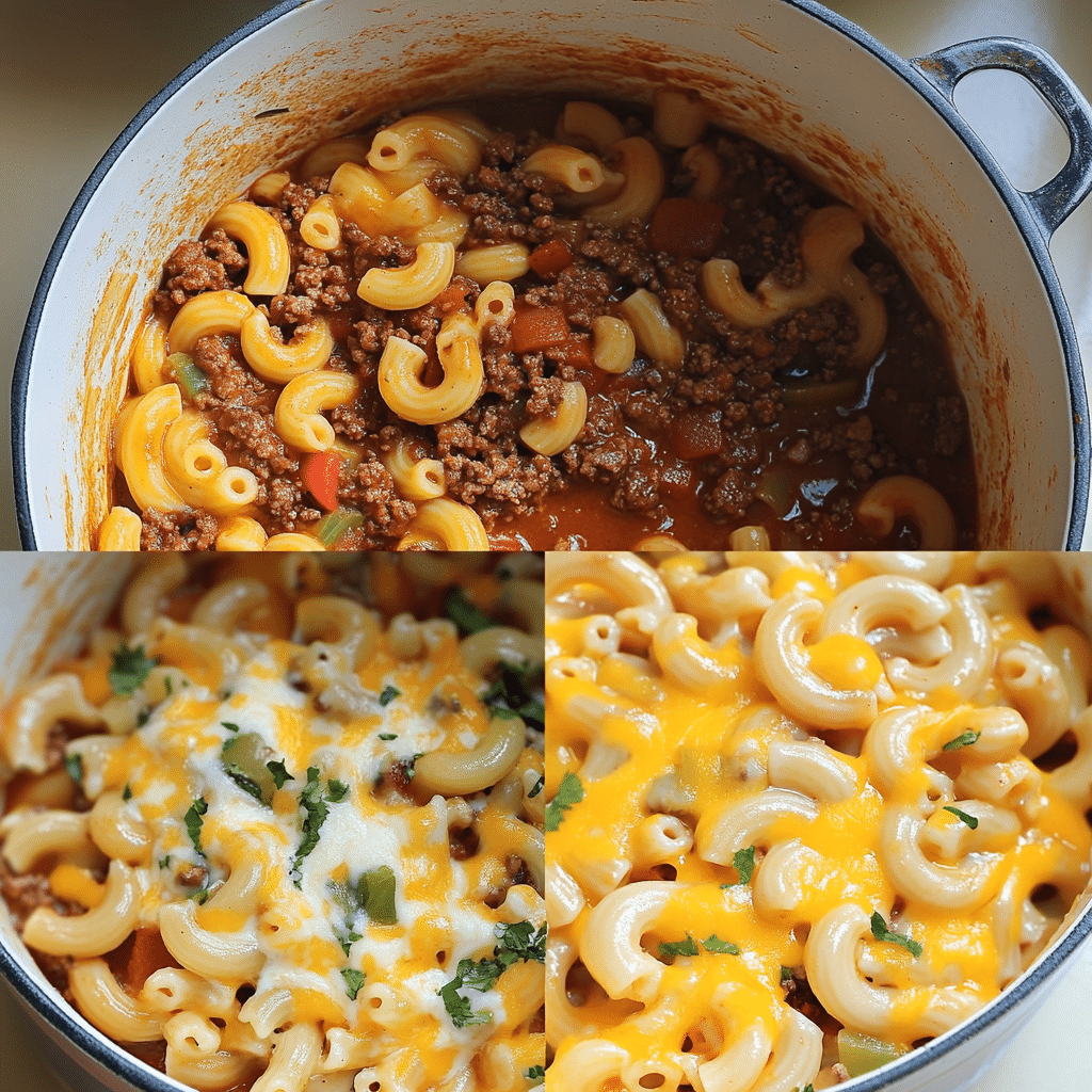 Four panel collage showing browning beef, adding spices, simmering pasta, and melted cheese on chili mac