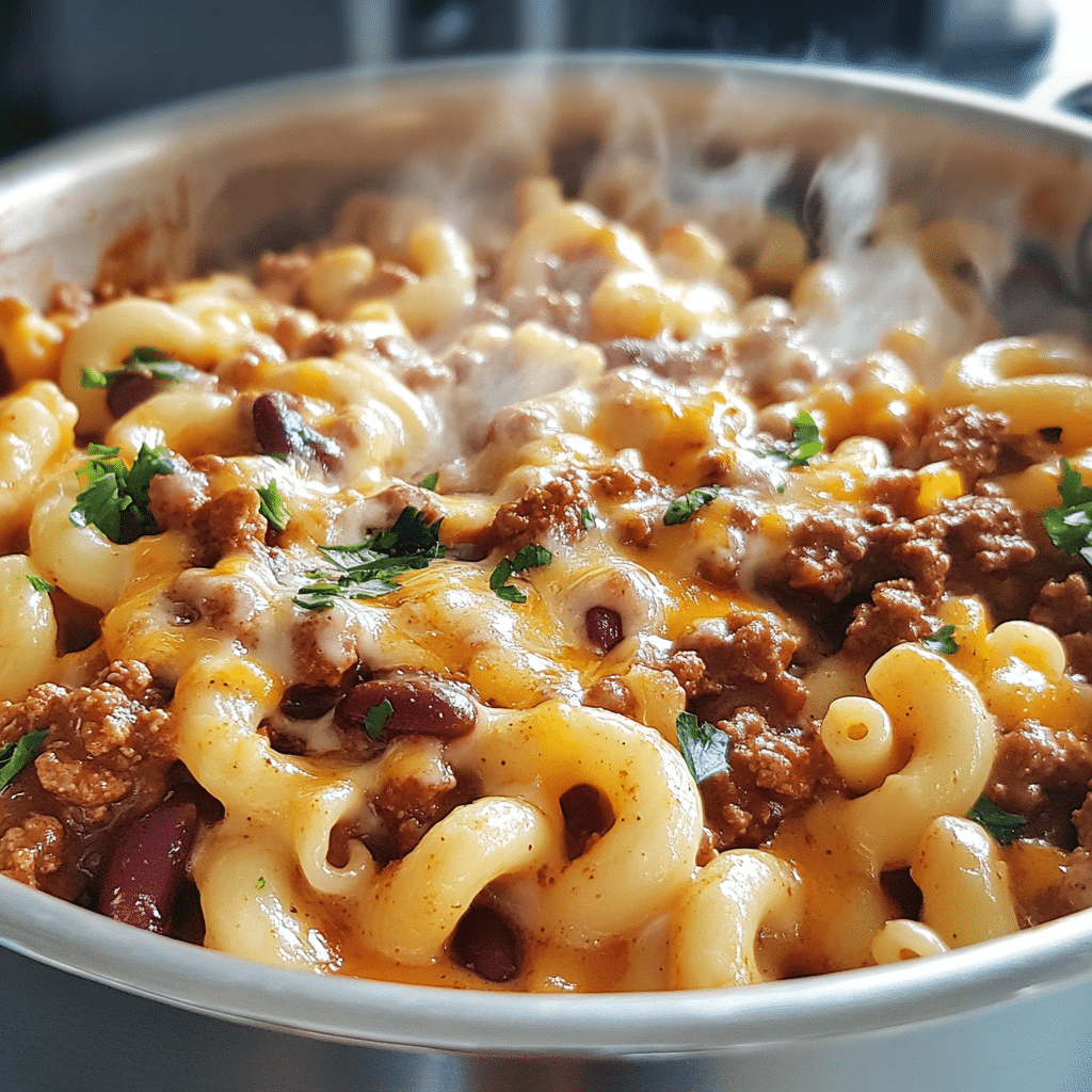 One pot chili mac with ground beef, macaroni, and melted cheddar in a pot