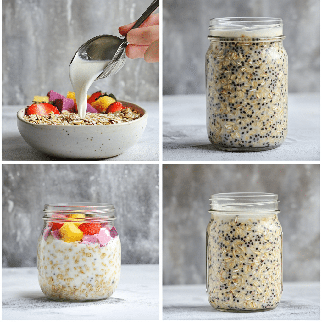 Four panel collage showing measuring oats, adding milk and yogurt, chilling jar, and finished oats with fruit