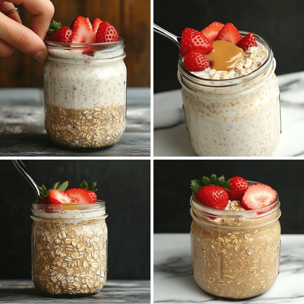 step collage showing how to make high protein overnight oats
