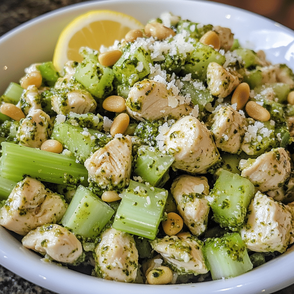 Bowl of pesto chicken salad with celery and pesto