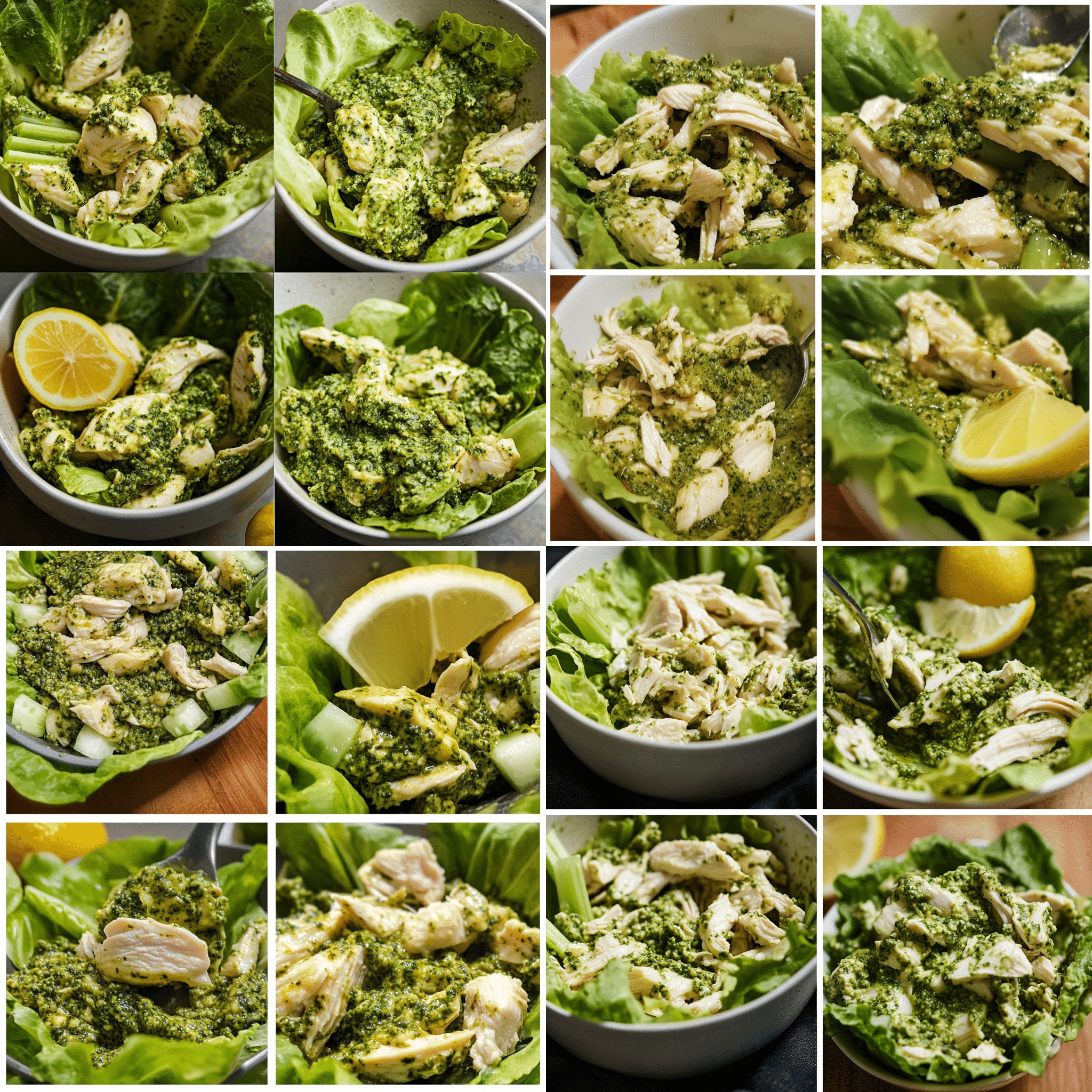 Four panel collage showing how to make pesto chicken salad