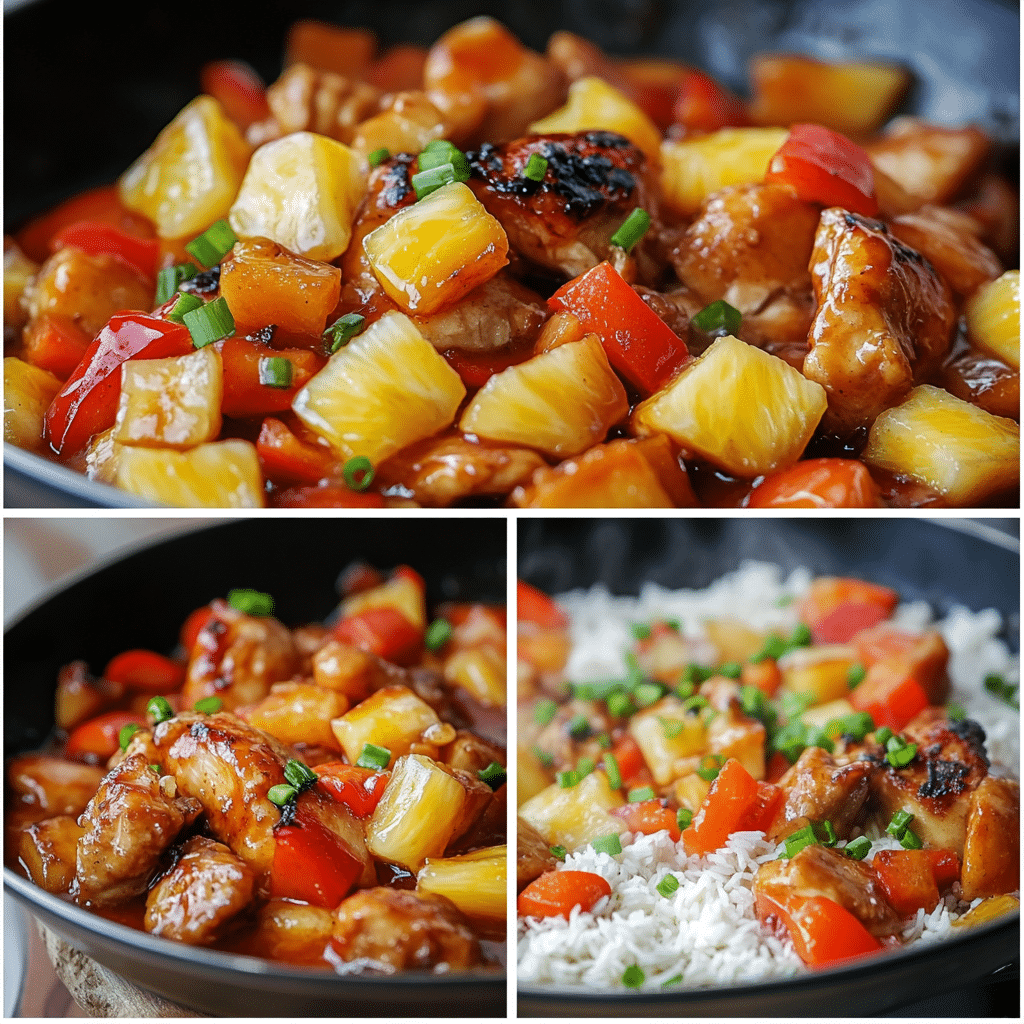 Four panel collage showing browning chicken, sautéing veggies, thickening pineapple sauce, and serving over rice