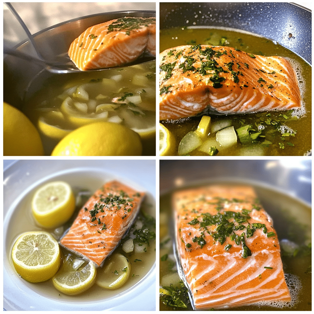 Four panel collage showing how to poach salmon in a skillet with lemon and herbs