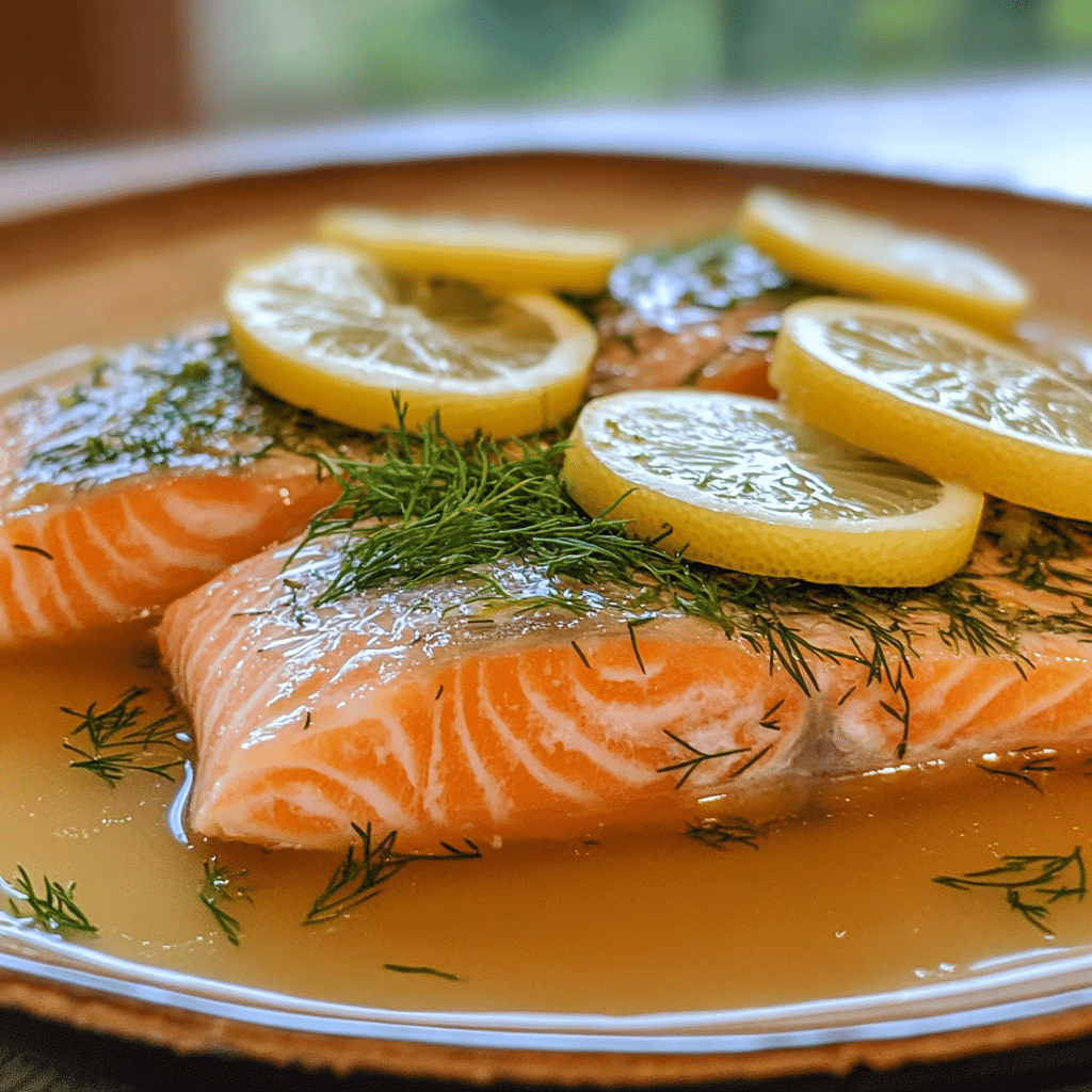 Poached salmon fillet with lemon slices and herbs on a plate