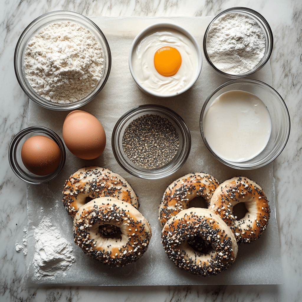 flour greek yogurt baking powder egg and seasoning for protein bagels