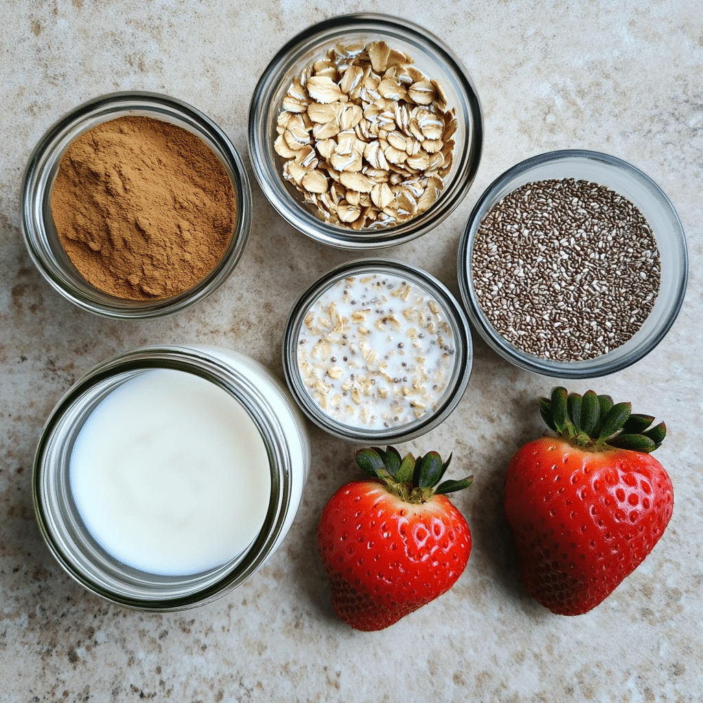 rolled oats milk greek yogurt protein powder chia seeds and strawberries