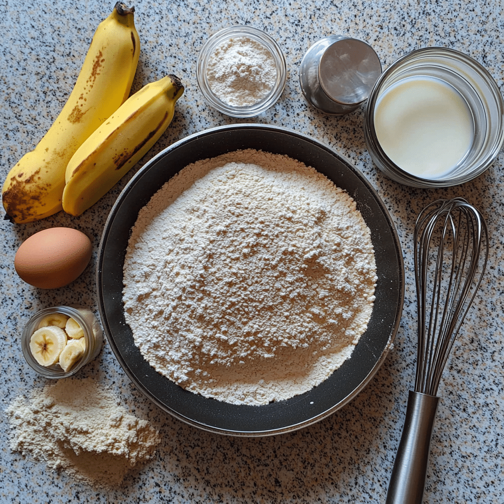 flour protein powder eggs milk banana and baking powder for protein pancakes