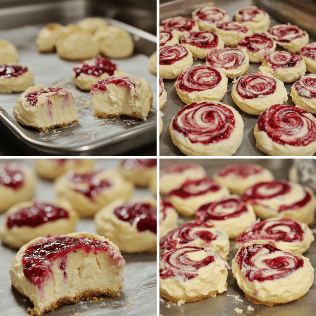 Four panel collage showing mixing cream cheese dough, chilling, swirling jam, and baked cookies cooling