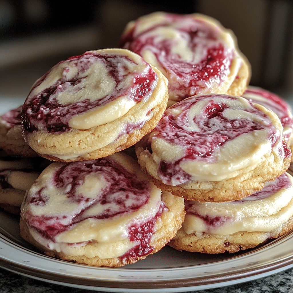 Raspberry cheesecake cookies with jam swirls stacked on a plate