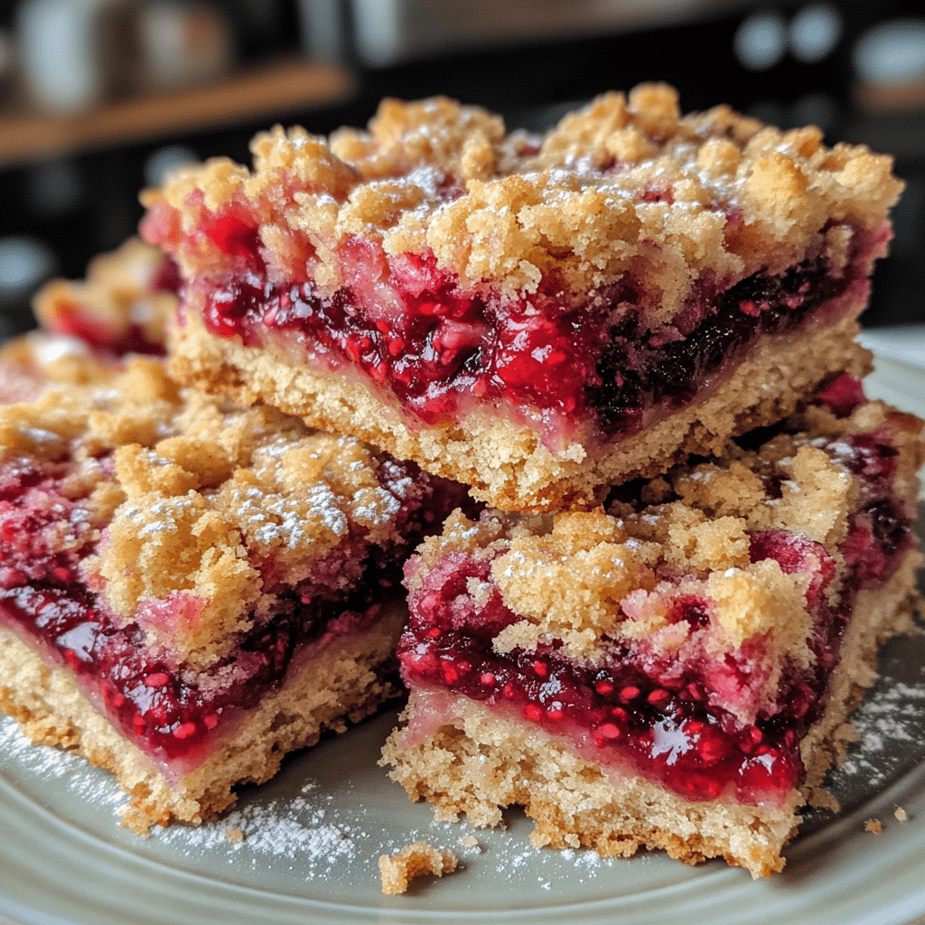 Raspberry crumb bars with jam filling and buttery crumb topping on a plate