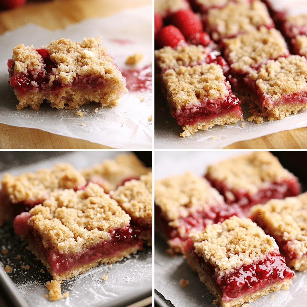 Four panel collage showing mixing crumbs, pressing crust, adding jam, and sliced baked bars