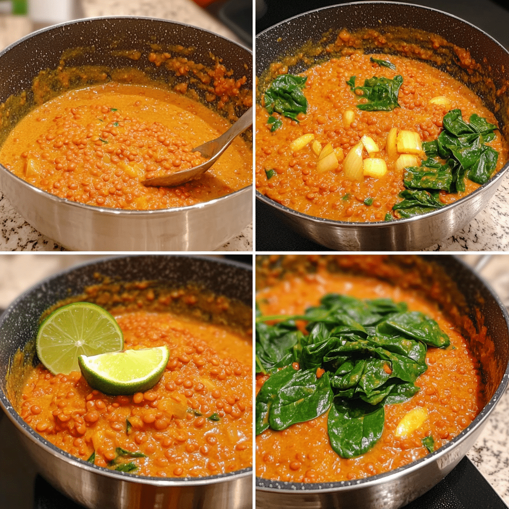 four panel collage showing steps to make red lentil curry