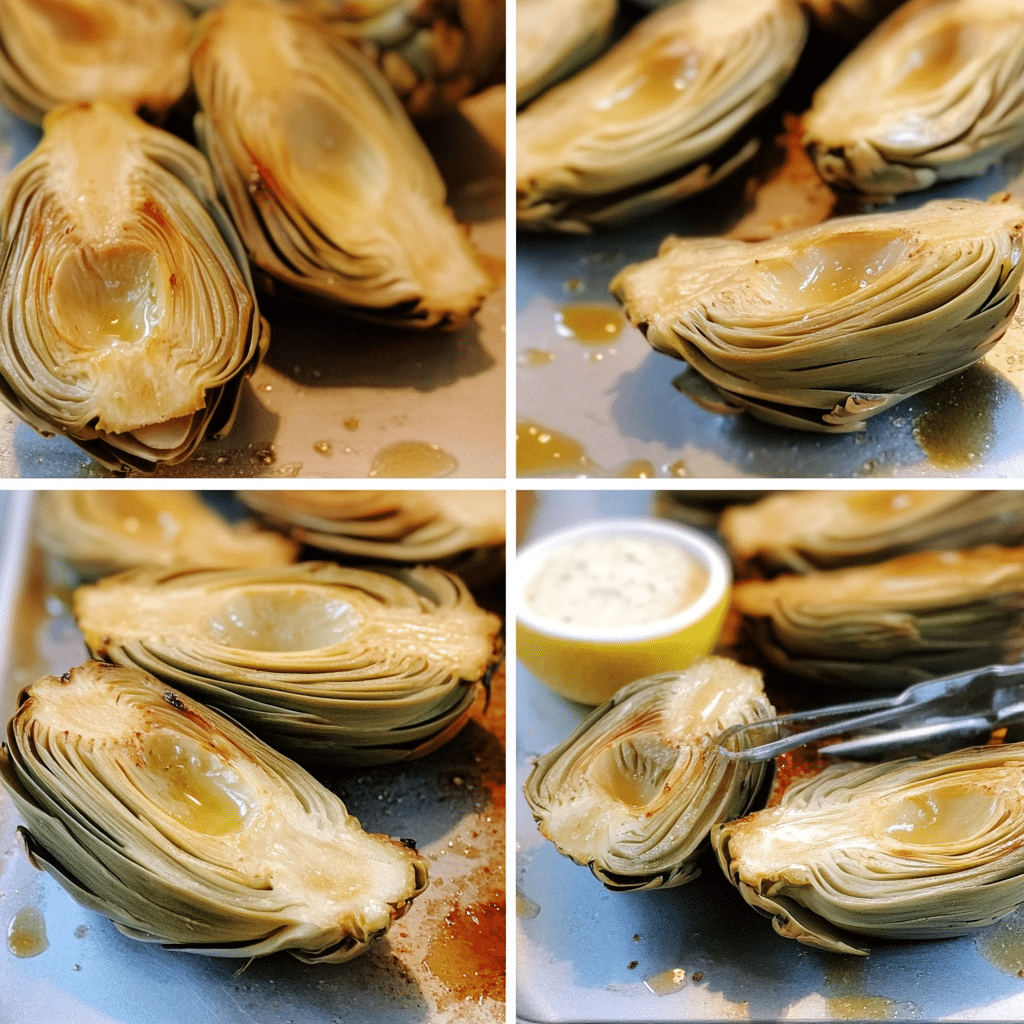 Four panel collage showing how to make roasted artichokes from trimming to serving