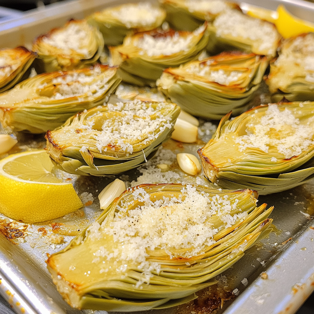 Roasted artichokes halves with lemon wedges and garlic on a baking sheet