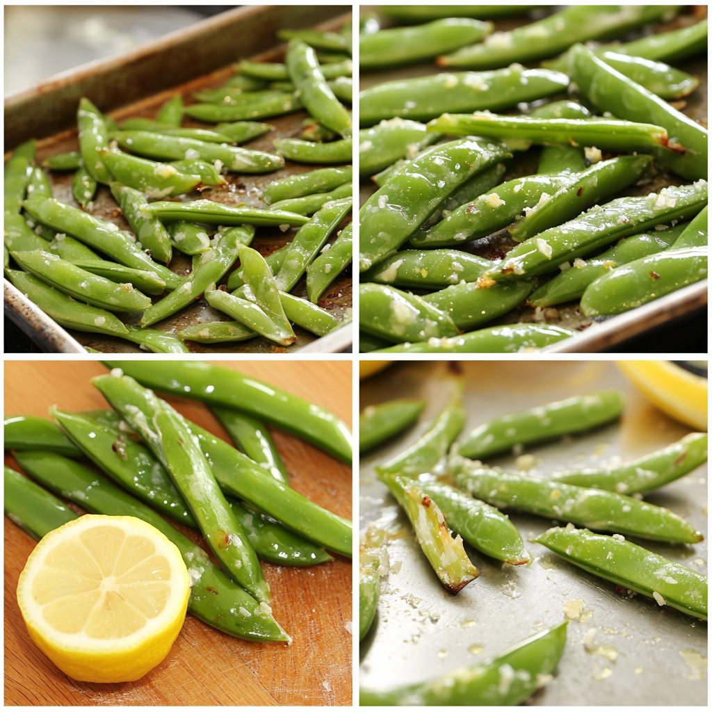 Four panel collage showing how to make roasted sugar snap peas from tossing to serving