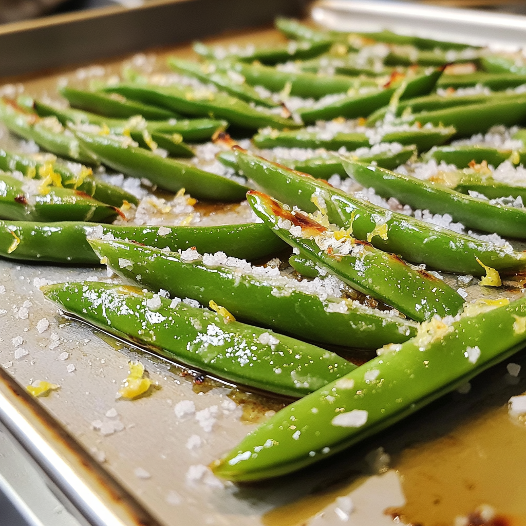 Roasted sugar snap peas on a sheet pan with sea salt and lemon