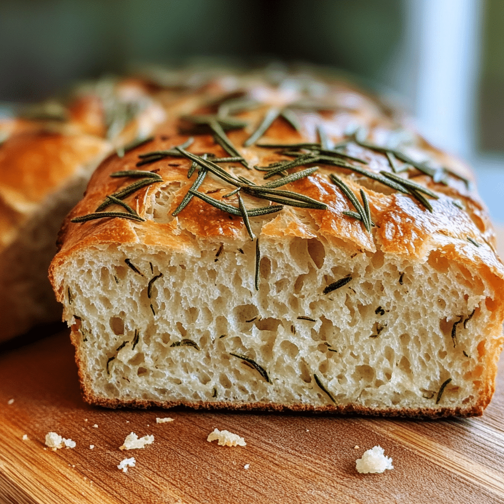 Rosemary sourdough loaf with a golden crust and a slice showing airy crumb