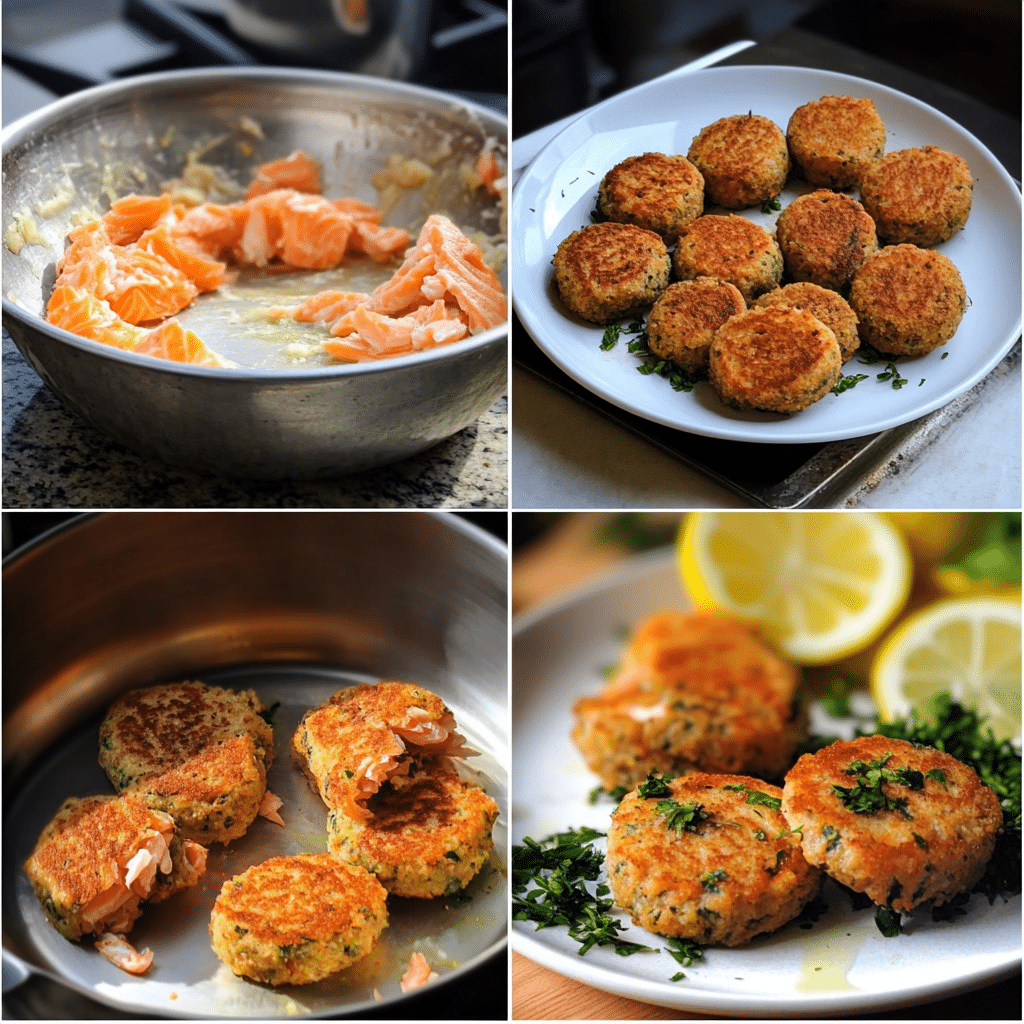 Four panel collage showing how to make salmon cakes from mixing to frying