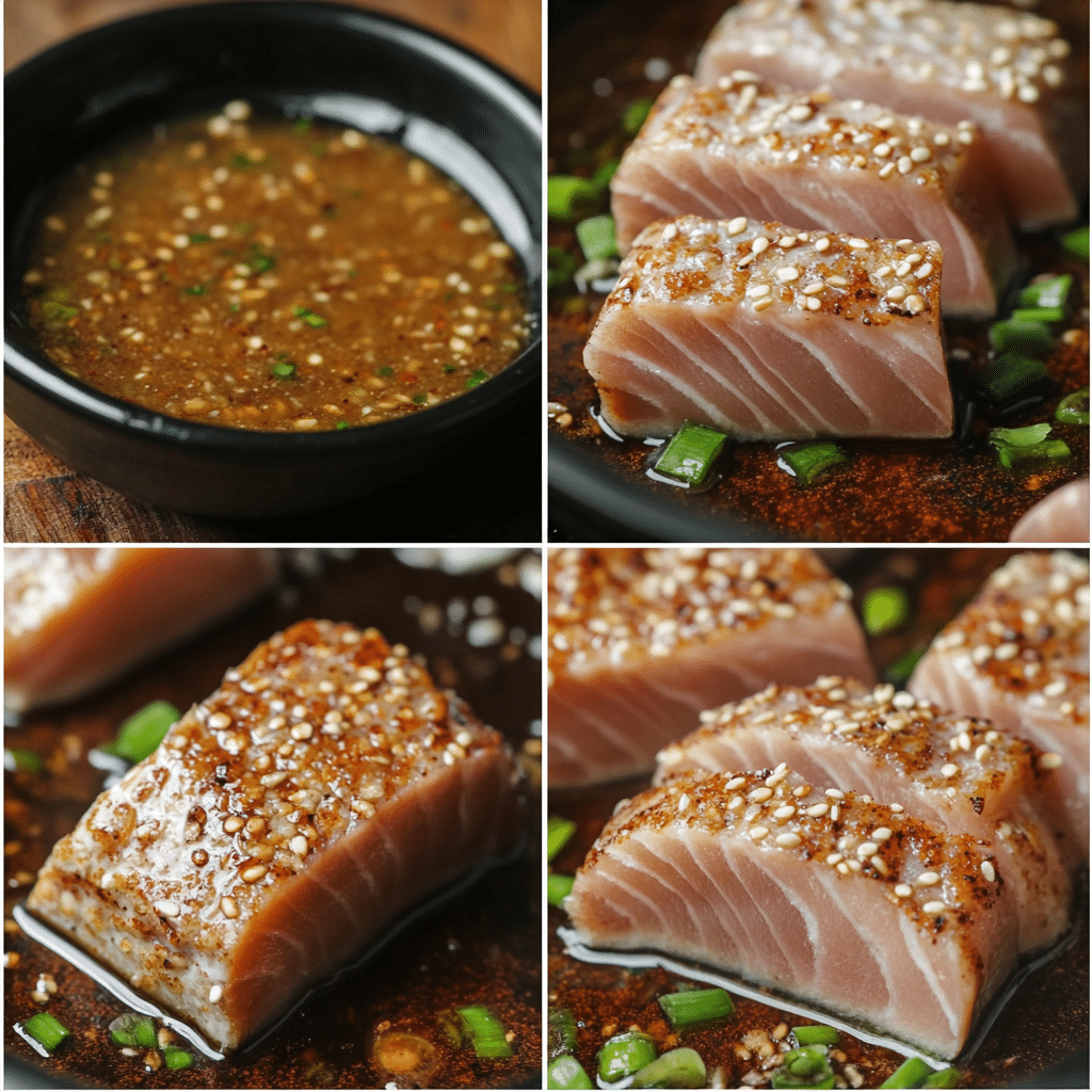 Four panel collage showing how to make seared ahi tuna from coating to slicing