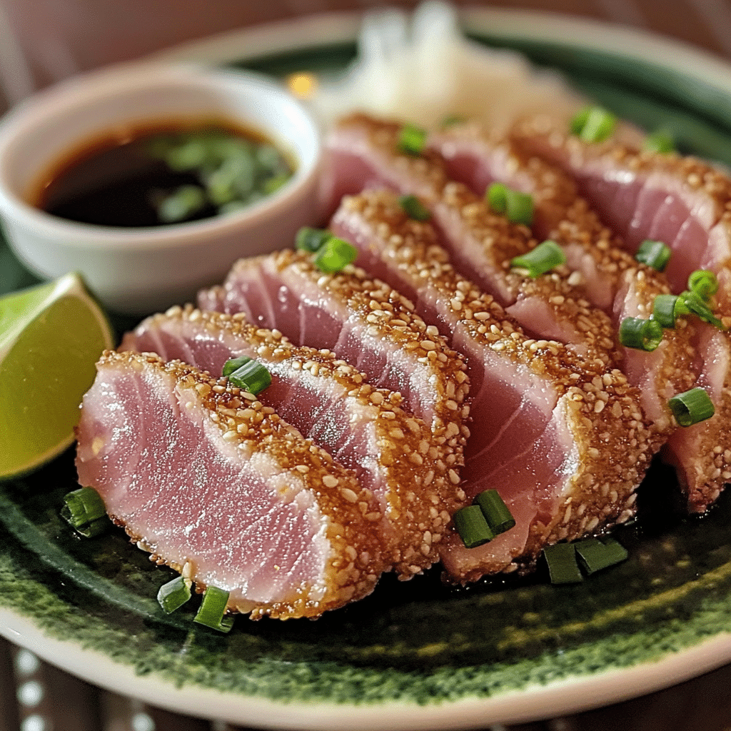 Seared ahi tuna slices with sesame crust and dipping sauce on a plate