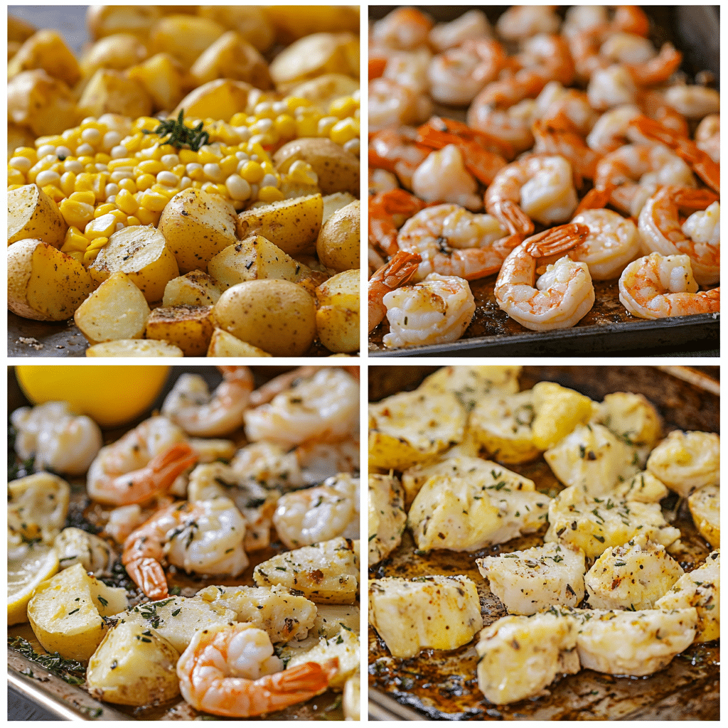 Four panel collage showing how to make sheet pan shrimp boil from roasting to serving