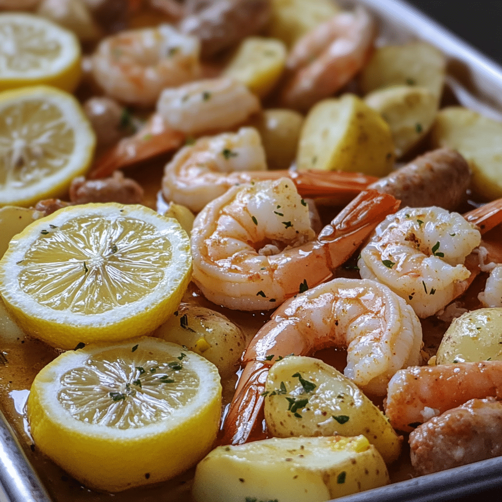 Sheet pan shrimp boil with shrimp, corn, potatoes, lemon, and chicken sausage slices