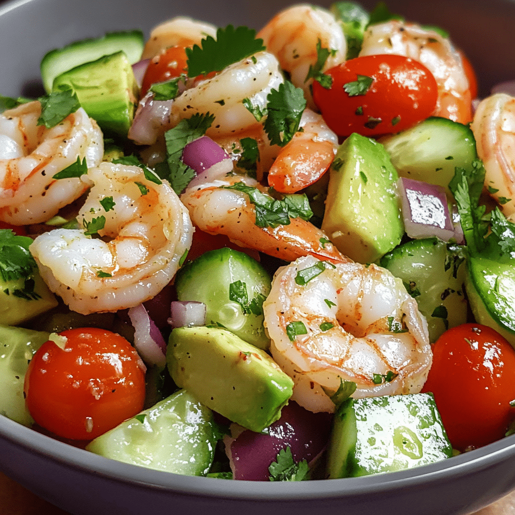 Shrimp avocado salad with tomatoes, cucumber, and lime dressing in a bowl