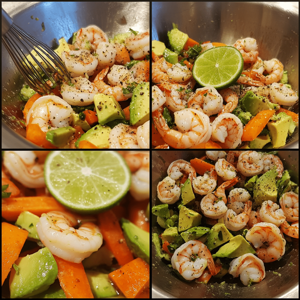 Four panel collage showing how to make shrimp avocado salad from dressing to serving
