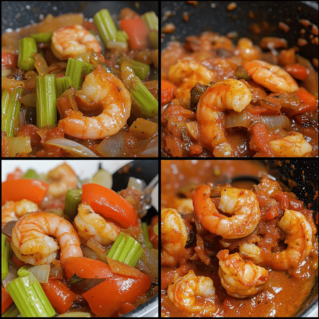 Four panel collage showing sautéing veggies, building tomato sauce, simmering, and adding shrimp to serve
