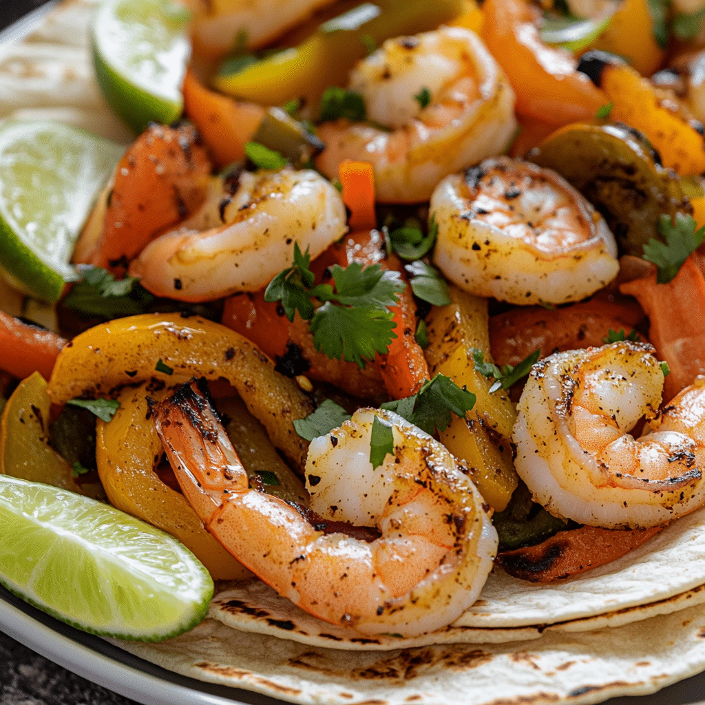 Shrimp fajitas with peppers and onions served with tortillas and lime
