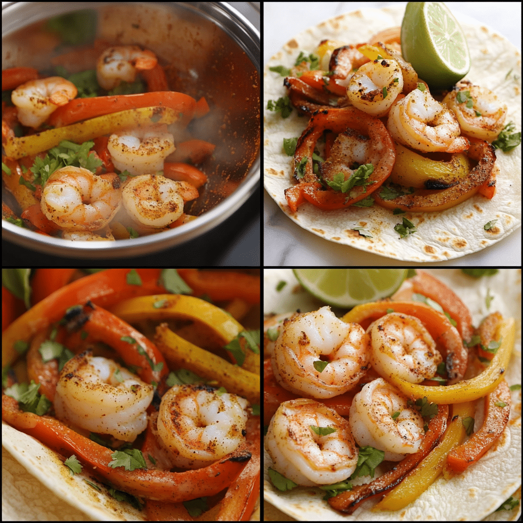 Four panel collage showing how to make shrimp fajitas from sautéing veggies to assembling tortillas