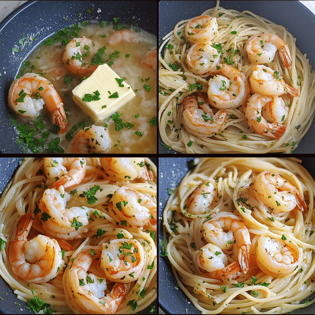 Four panel collage showing sautéing garlic, cooking shrimp, adding broth and lemon, and tossing with pasta and parsley