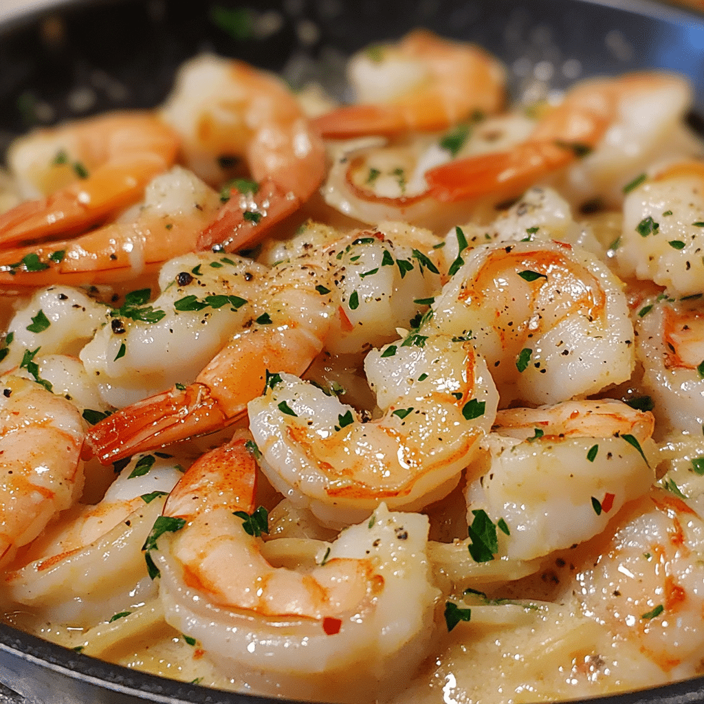 Shrimp scampi in a skillet with garlic lemon butter sauce and parsley