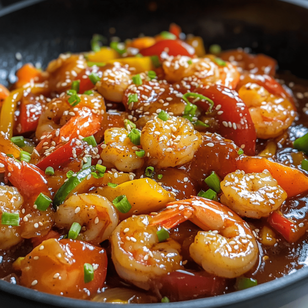 Shrimp stir fry with vegetables in a skillet with glossy sauce