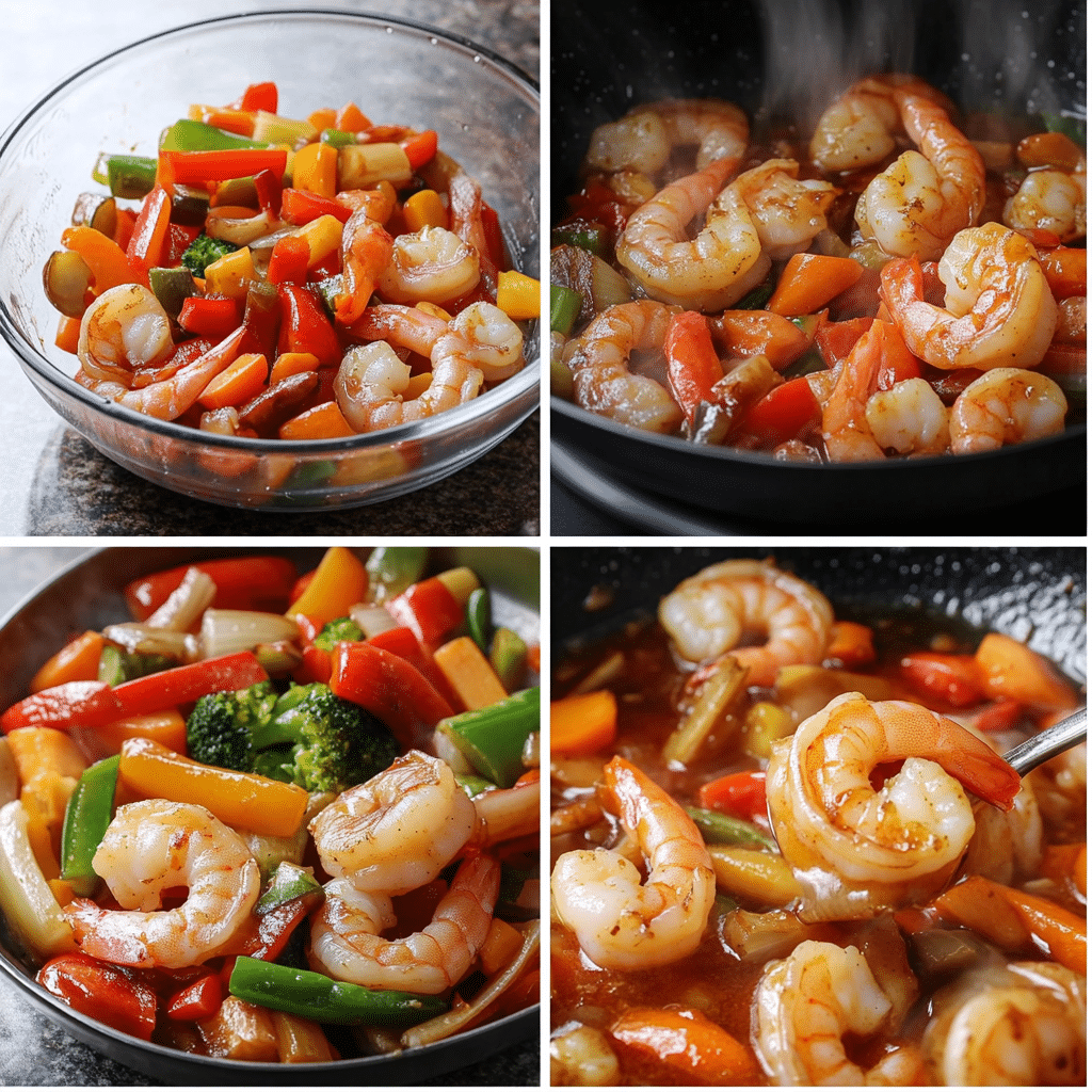 Four panel collage showing how to make shrimp stir fry in a skillet