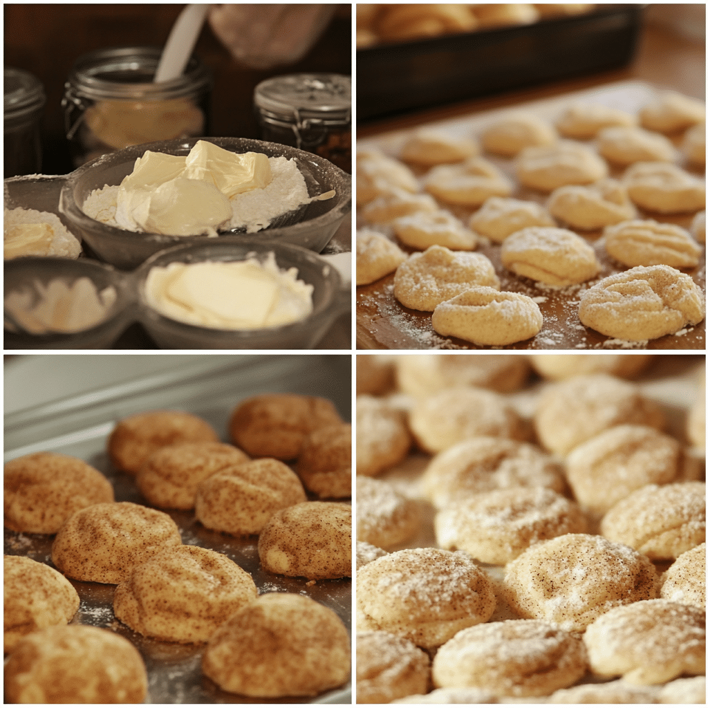 Four panel collage showing snickerdoodle mixing, rolling, baking, cooling