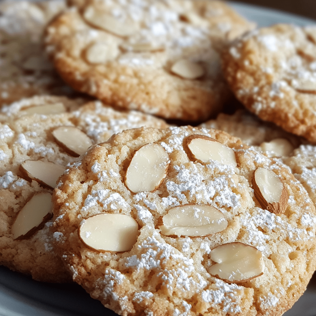 Soft almond cookies with powdered sugar and sliced almonds on top