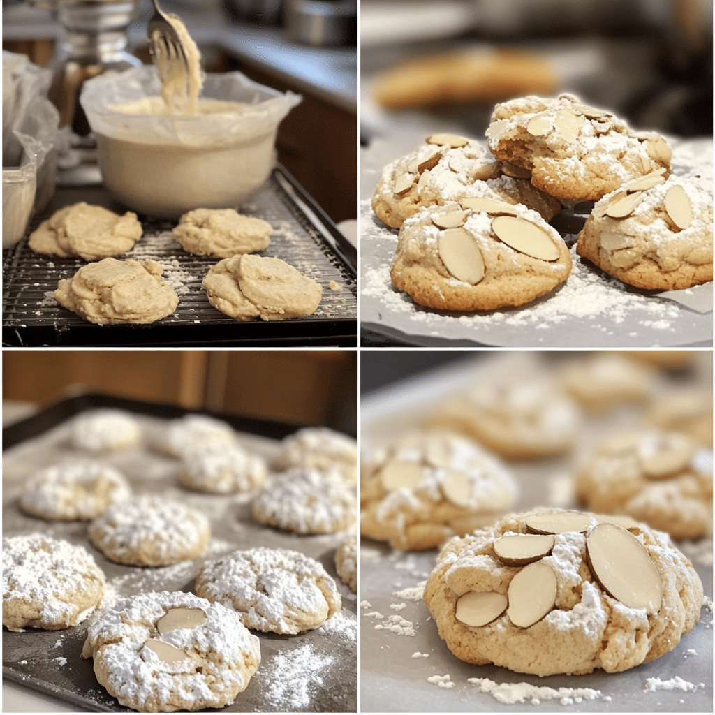 Four panel collage showing mixing dough, rolling in powdered sugar, baking, and cooling almond cookies